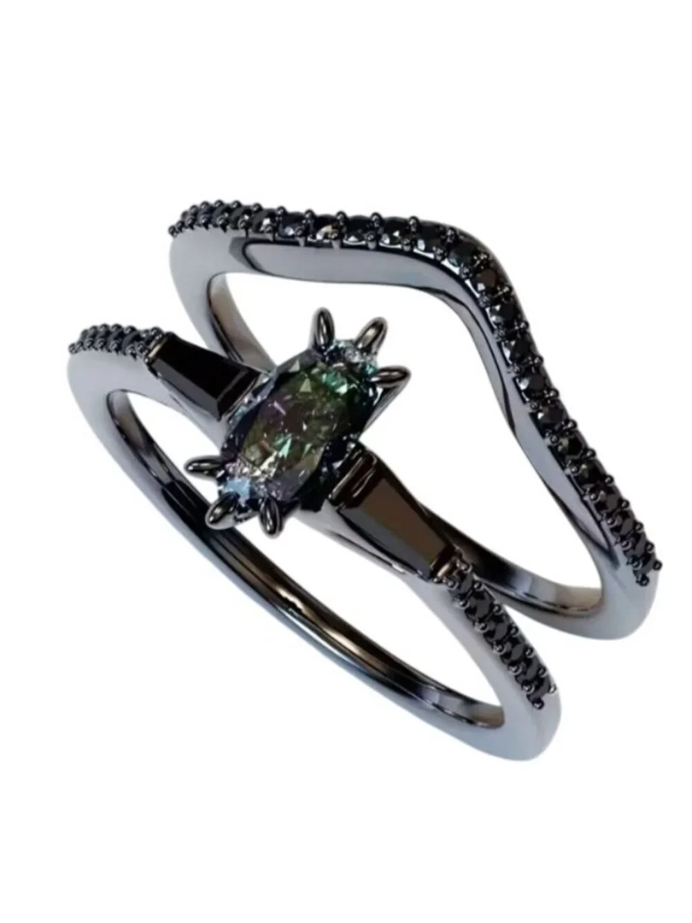 Marquise Cut Alexandrite Engagement Wedding Stacked 2 Ring Set in Rhodium